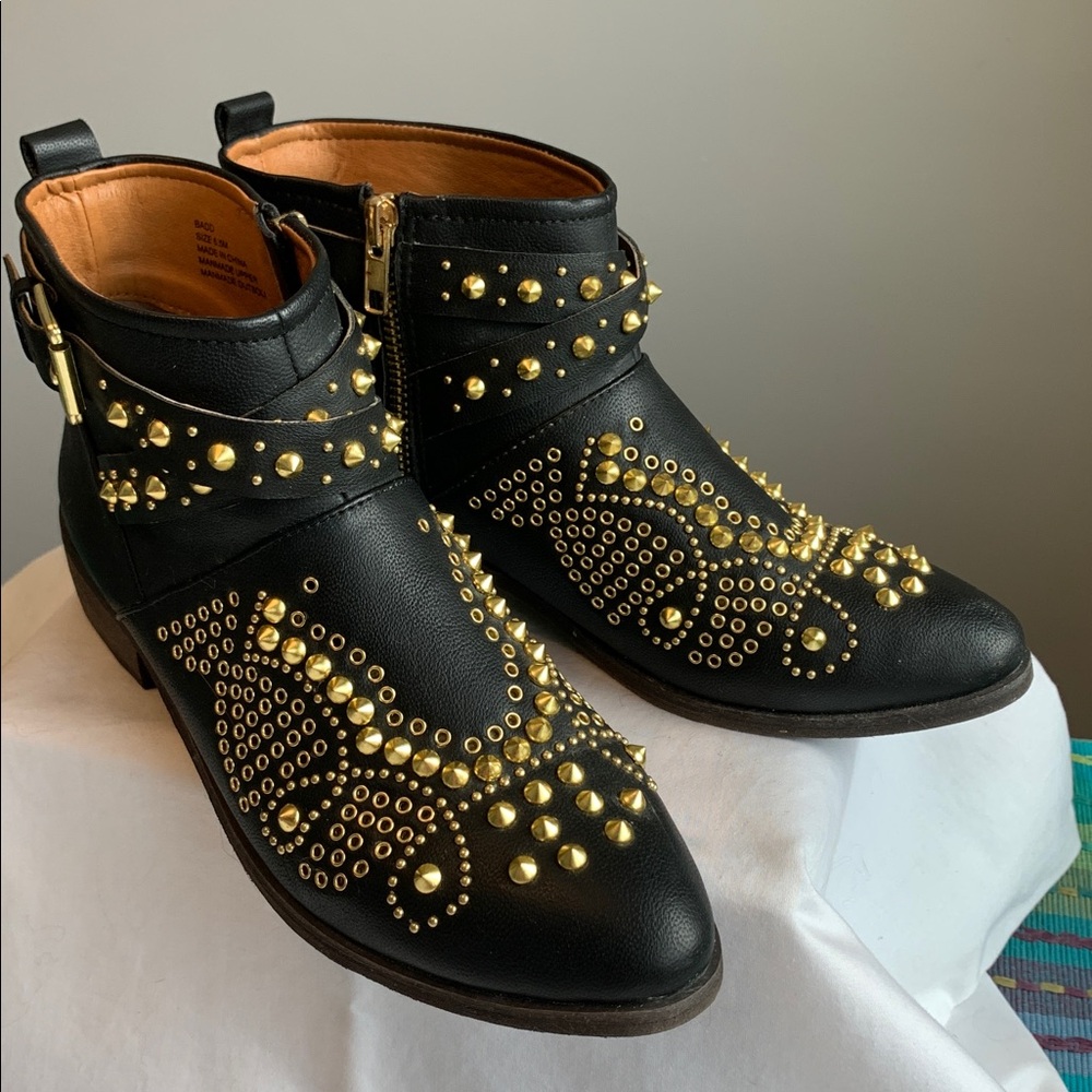 New Black Ankle Boots with Gold Studs